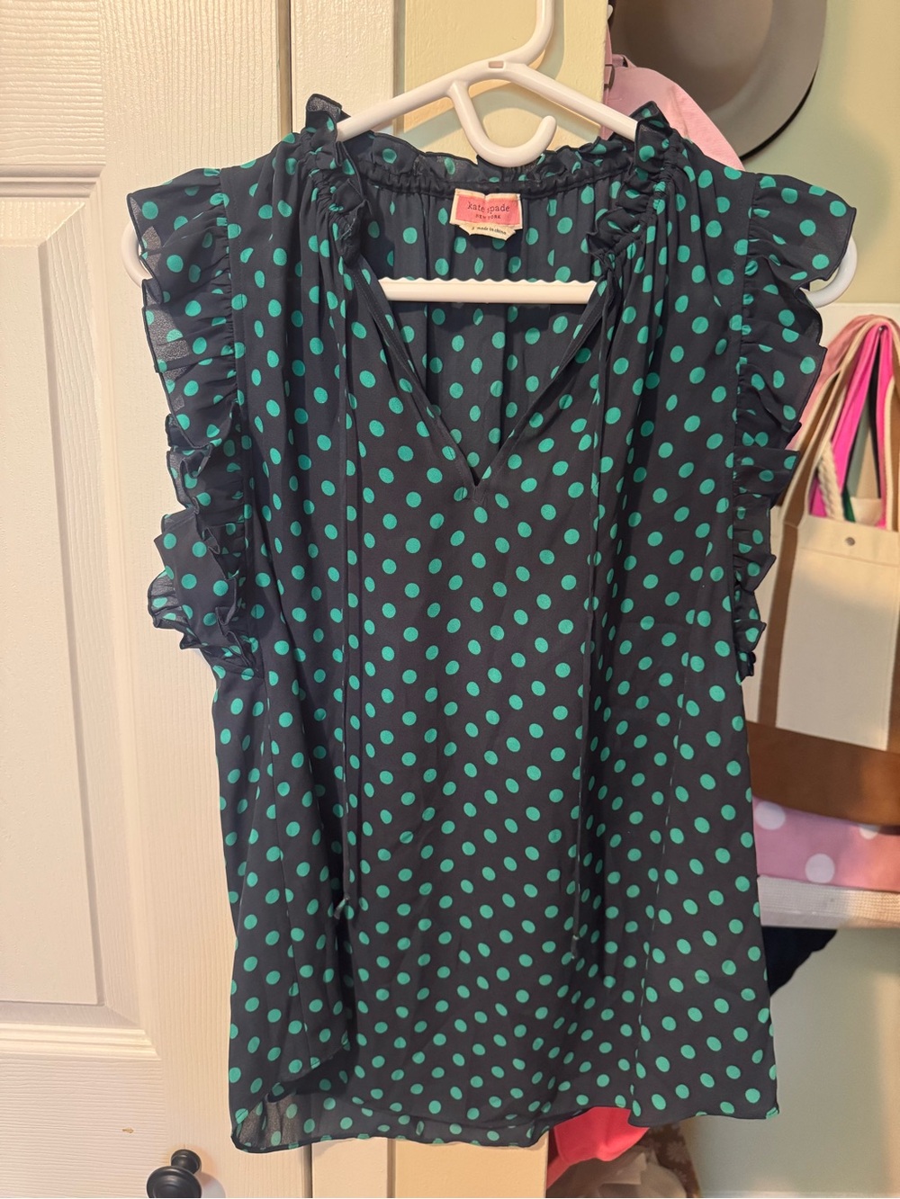 kate spade Black with Teal Polka Dot Ruffle Shell